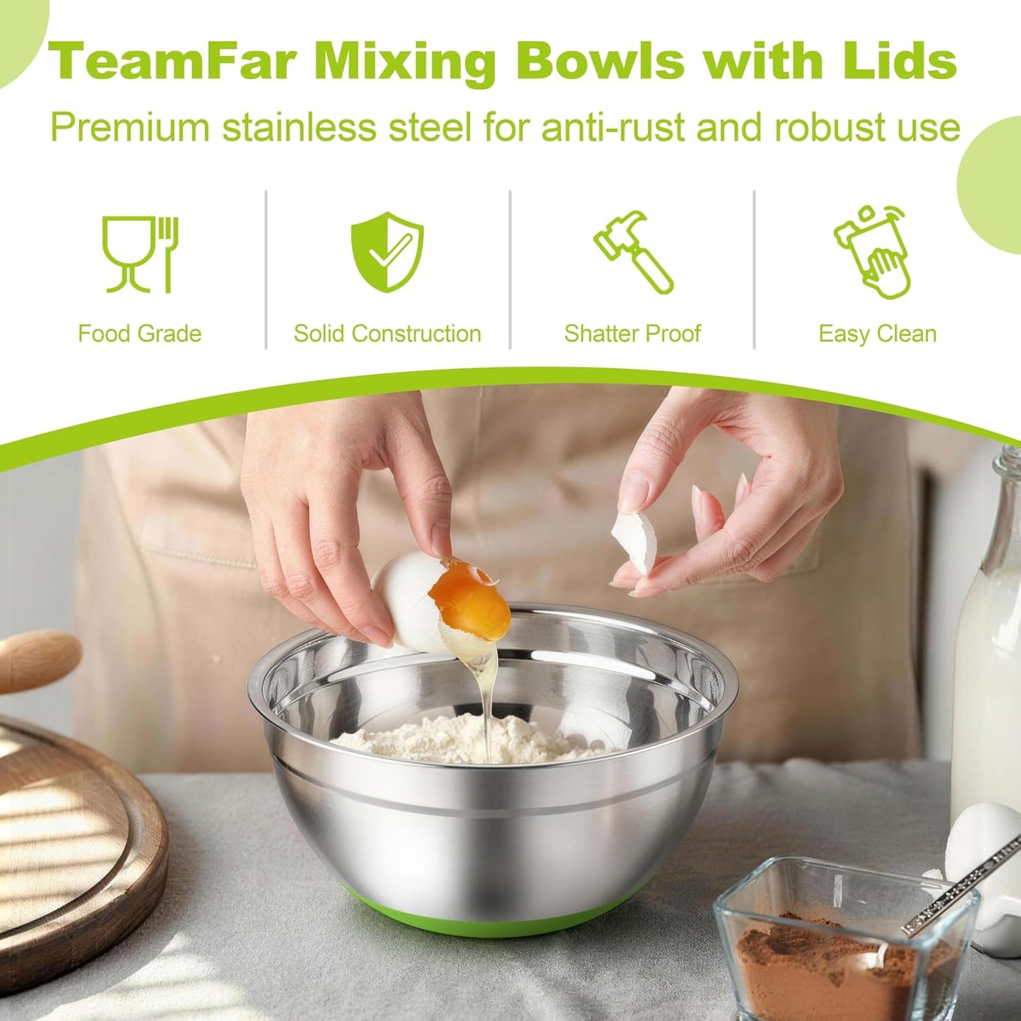 TeamFar Mixing Bowls, Stainless Steel Salad Bowls with Lids - Colorful | Nesting Bowls with Non-slip Bottom, for Kitchen Baking Preparing Serving, Stackable &amp; 6PCS - 4.6 /2.6 /2 / 1.5 /1 / 0.7 Qt
