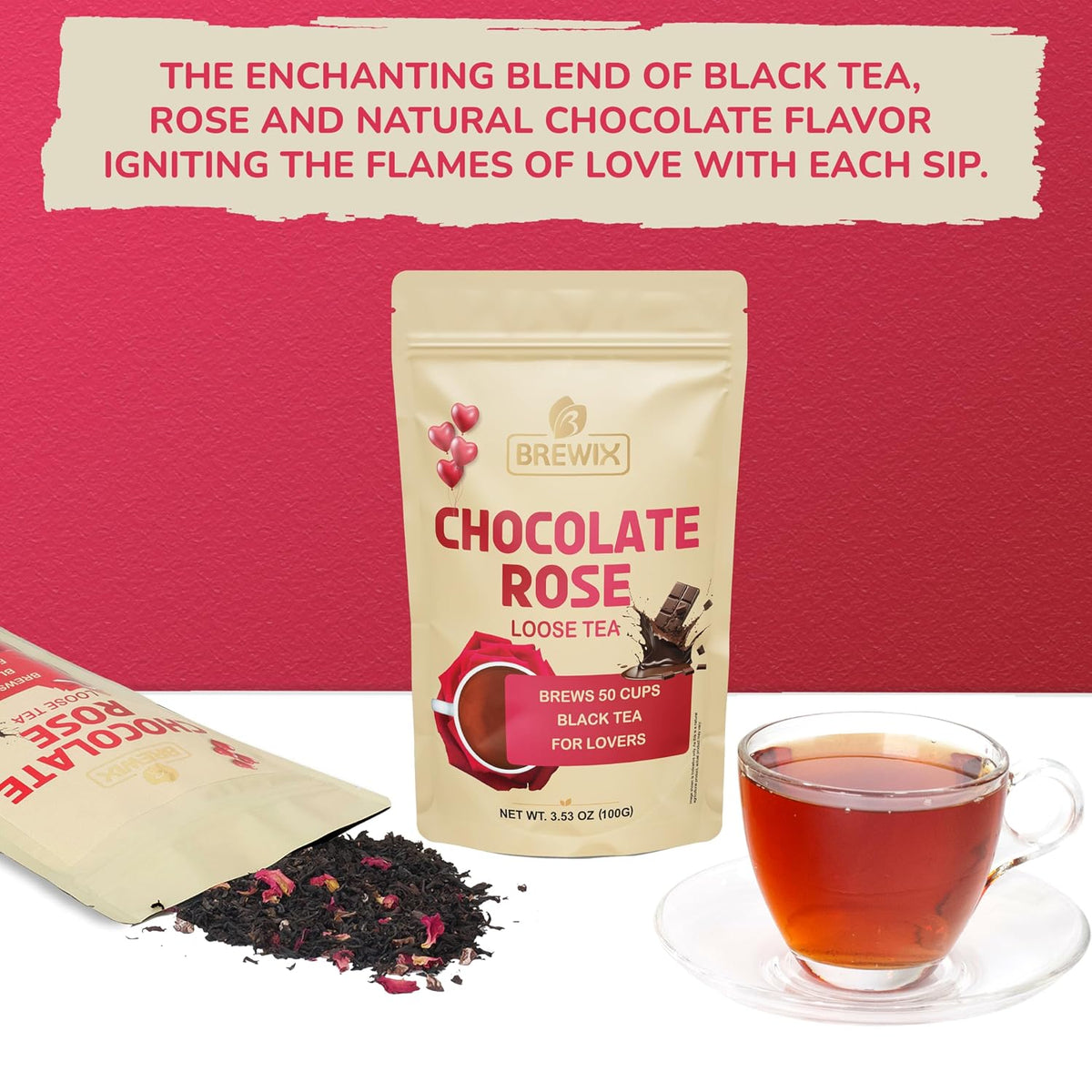 BREWIX Chocolate Rose Black Tea Loose Leaf (50+ Cups, 3.53oz) - Naturally Sweet Dessert Tea with Cocoa &amp; Rose Petals, Caffeinated, Hot or Iced