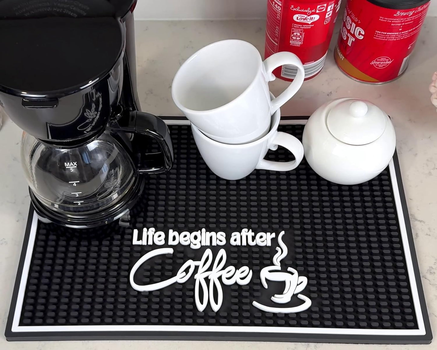 Life Begins After Coffee Silicone Bar Mat 18x12 in, Funny Mom Gift, Coffee Lover Gift for Women and Men, Non-Slip Espresso Machine Mat, Coffee Bar Station Decor, Hostess Gift
