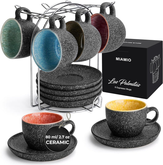 MIAMIO – 2.7 Oz Ceramic Stackable Espresso Cups with Saucers and Metal Stand, Set of 6 Espresso Cup, Demitasse Cups, Coffee