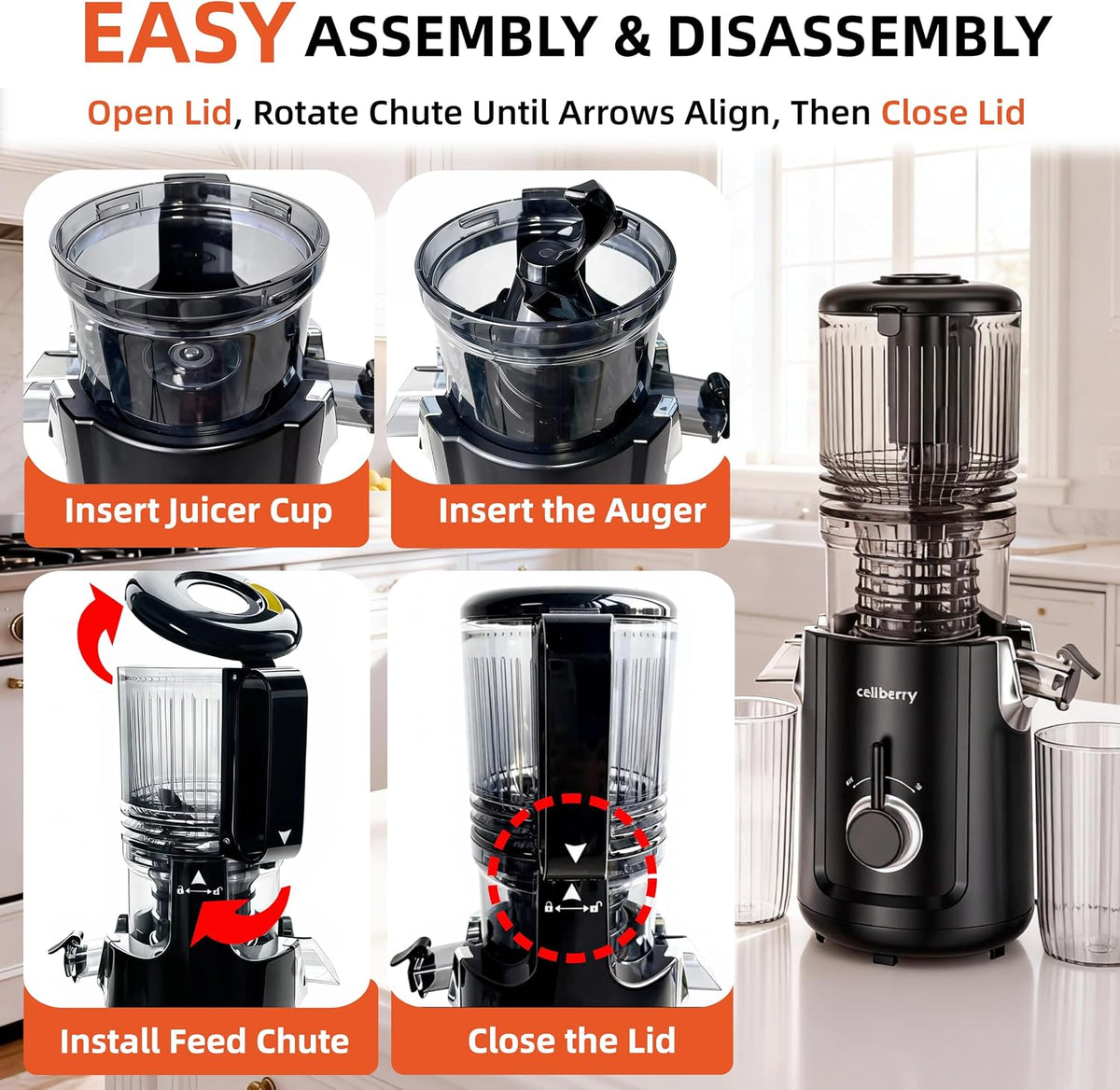 Cold Press Juicer Machines, 5.3” Large Feed Chute Slow Masticating Juicer for Whole Fruits & Vegetables, 300W Quiet Juice Extractor, Easy to Clean, Anti-Clog, No Drip, 99% High Juice Yield