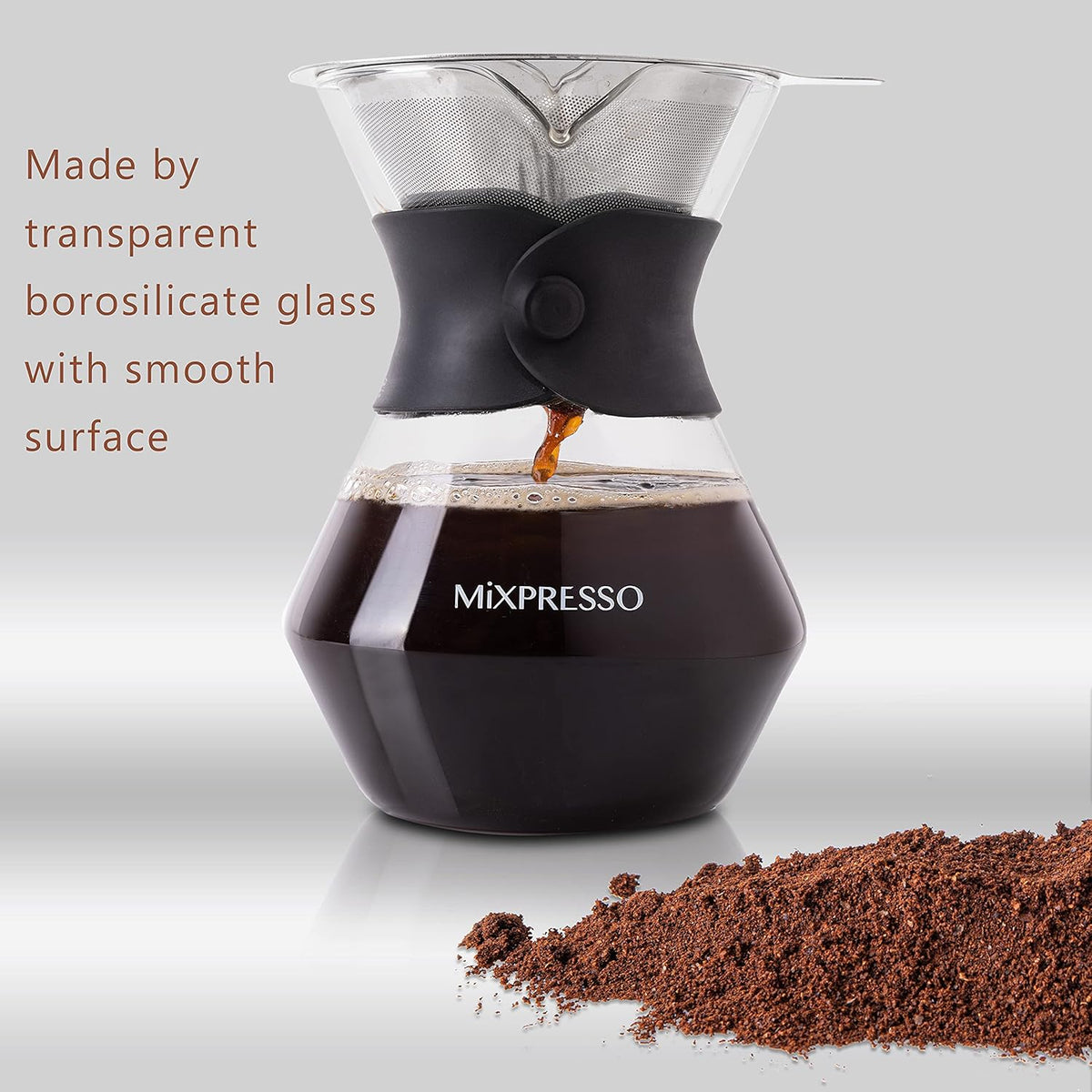 Mixpresso Pour Over Coffee Maker, Glass Carafe with Coffee Dripper, 13.5 Oz | Reusable Stainless Steel Filter with Protective Silicone Sleeve for Manual Pour Over Coffee Brewing, Easy to Clean