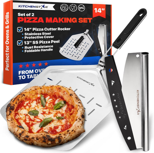 14" Pizza Making Kit (Set of 2) - 14" Pizza Cutter Rocker Knife with Blade Cover + 13" Perforated Stainless Steel Pizza Peel