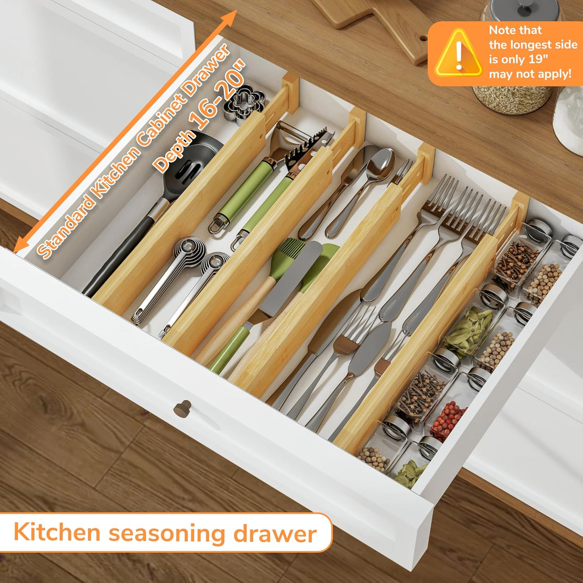 BAMEOS Bamboo Expandable Drawer Dividers – Fits 13.3"–19" Drawers, 2" High, Set of 4 | Spring-Loaded Bamboo Separator for Kitchen Island, Bathroom Vanity &amp; Dresser Drawers