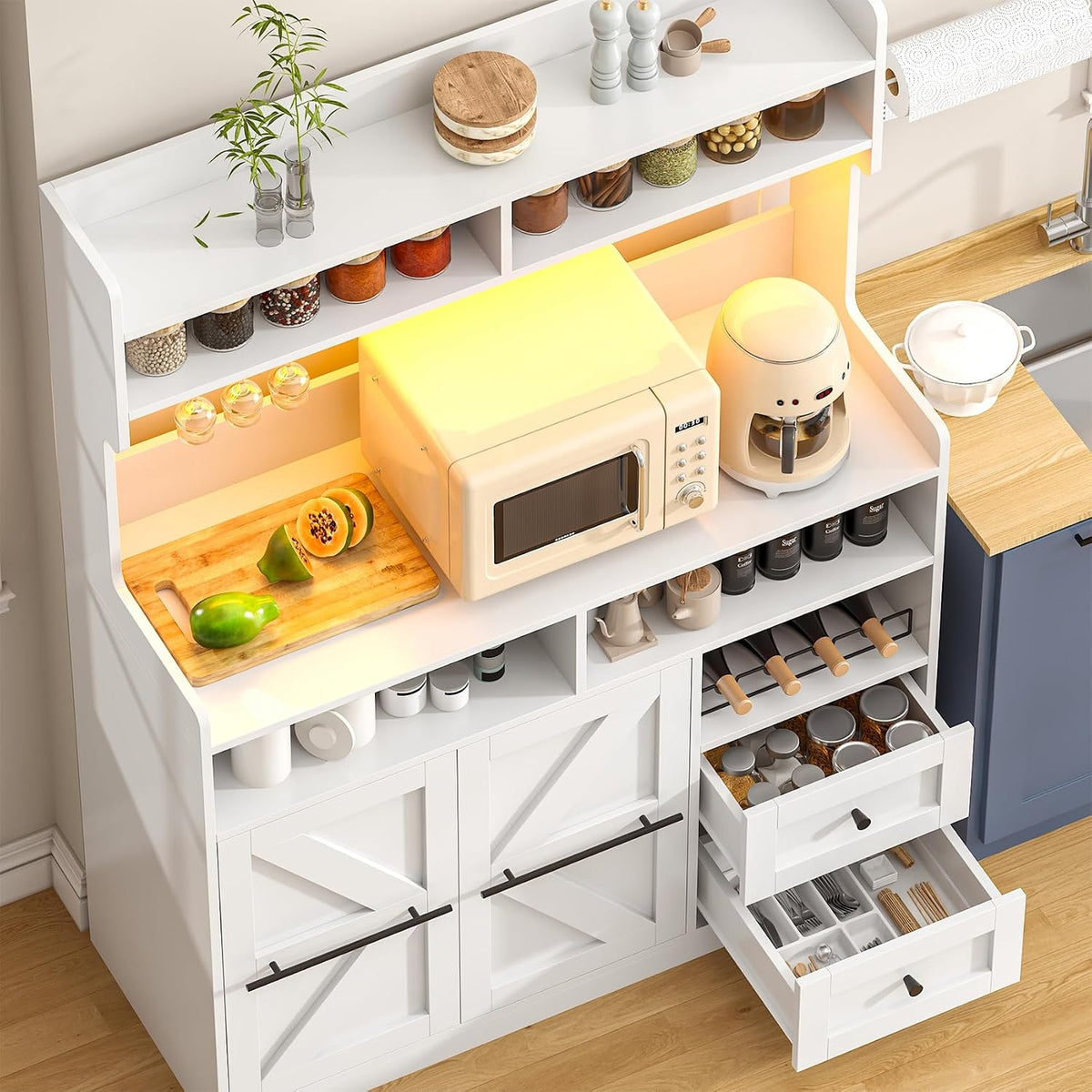VVFLU Hutch Storage Buffet Cabinet with Drawers, and Charging Station, Coffee Bar Cabinet with Barn Doors, Wine Rack and Hooks, White Wood Sideboard Buffet for Kitchen, Dining Room, 54.5" High