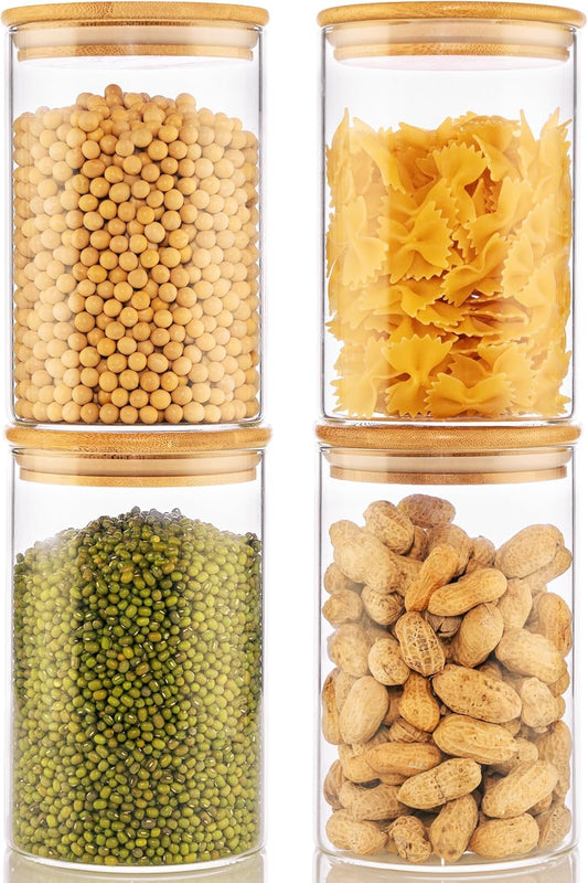 32oz - 4 Pack Glass Jars with Bamboo Lids, Glass Pantry Storage Containers with Airtight Lids, Round Air Tigh Food Storage