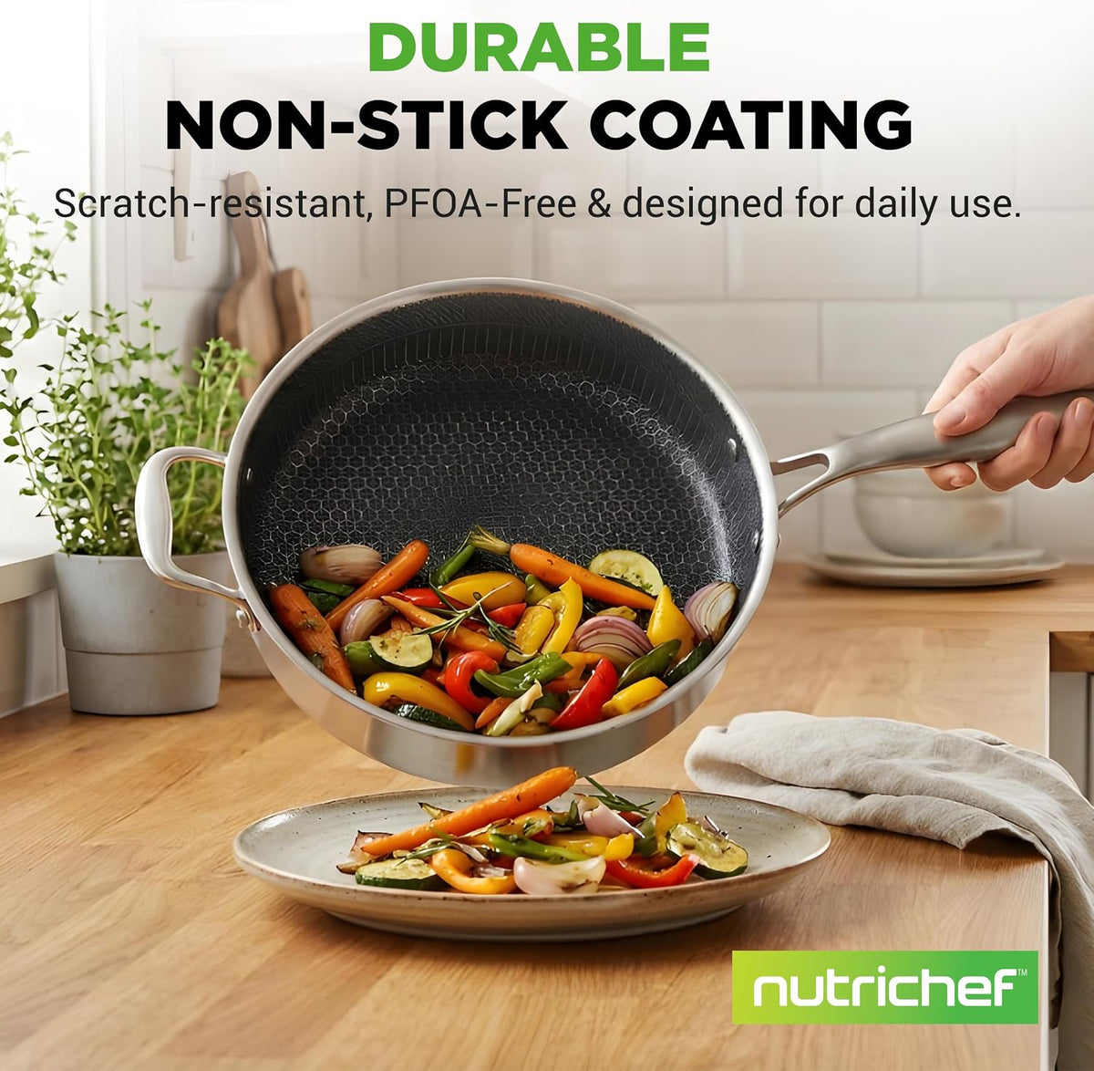 NutriChef 3.4QT Deep Frying Pan with Lid - Stainless Steel Non-Stick Saute Pan, Scratch-Resistant Honeycomb Texture, Oven & Induction Safe Skillet