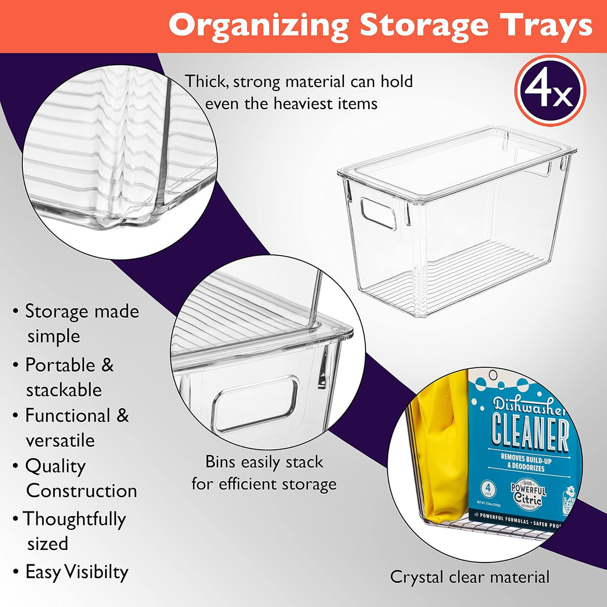 ClearSpace Modern Plastic Storage Bins with Lids – Perfect Kitchen Organization or Pantry Fridge Organizer, 4 Pack, 12.5" x 6" x 7", 9L Capacity Each, BPA Free, Stackable