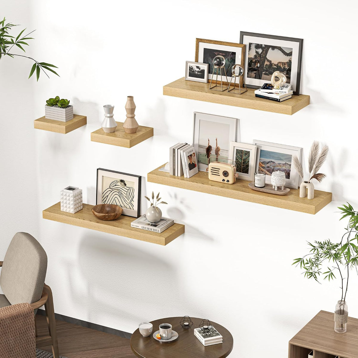 FLYJOE Square Floating Shelves for Wall, 10" W x 10" D x 1.4" H, Small Wooden Wall Mounted Display Shelves with Invisible Brackets for Living Room, Bedroom, Bathroom, Kitchen Decor, Set of 4, Oak
