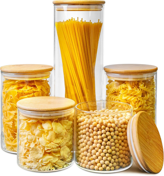 Multi Size - 5 Pack Glass Jars with Bamboo Lids, Glass Pantry Storage Containers with Airtight Lids, Round Air Tigh Food
