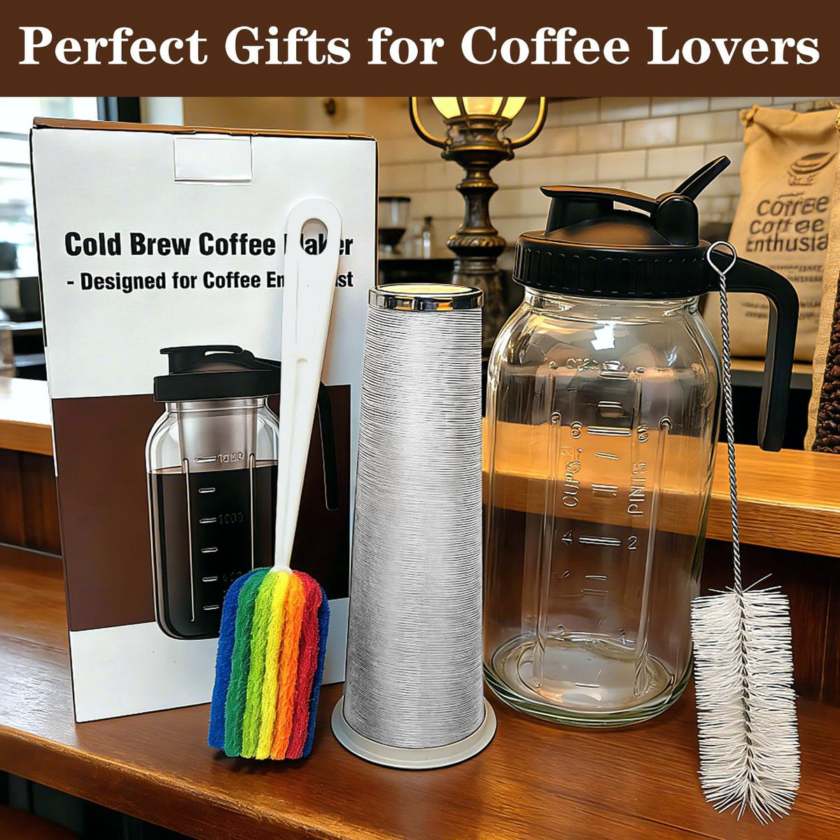Cold Brew Coffee Maker, 64oz Glass Mason Jar Pitcher with Lid, Filter &amp; Mat