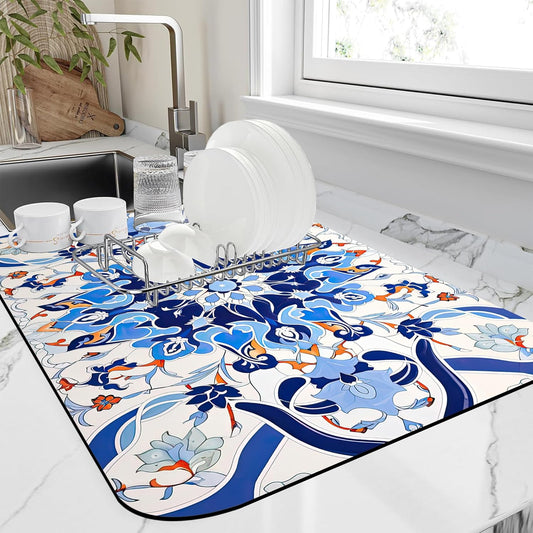 Dish Drying Mat Mandala Blue Floral Kitchen Mat 12"x19" Bsorbent Coffee Maker Mat for Dishes,Utensils Coffee Maker Pots and