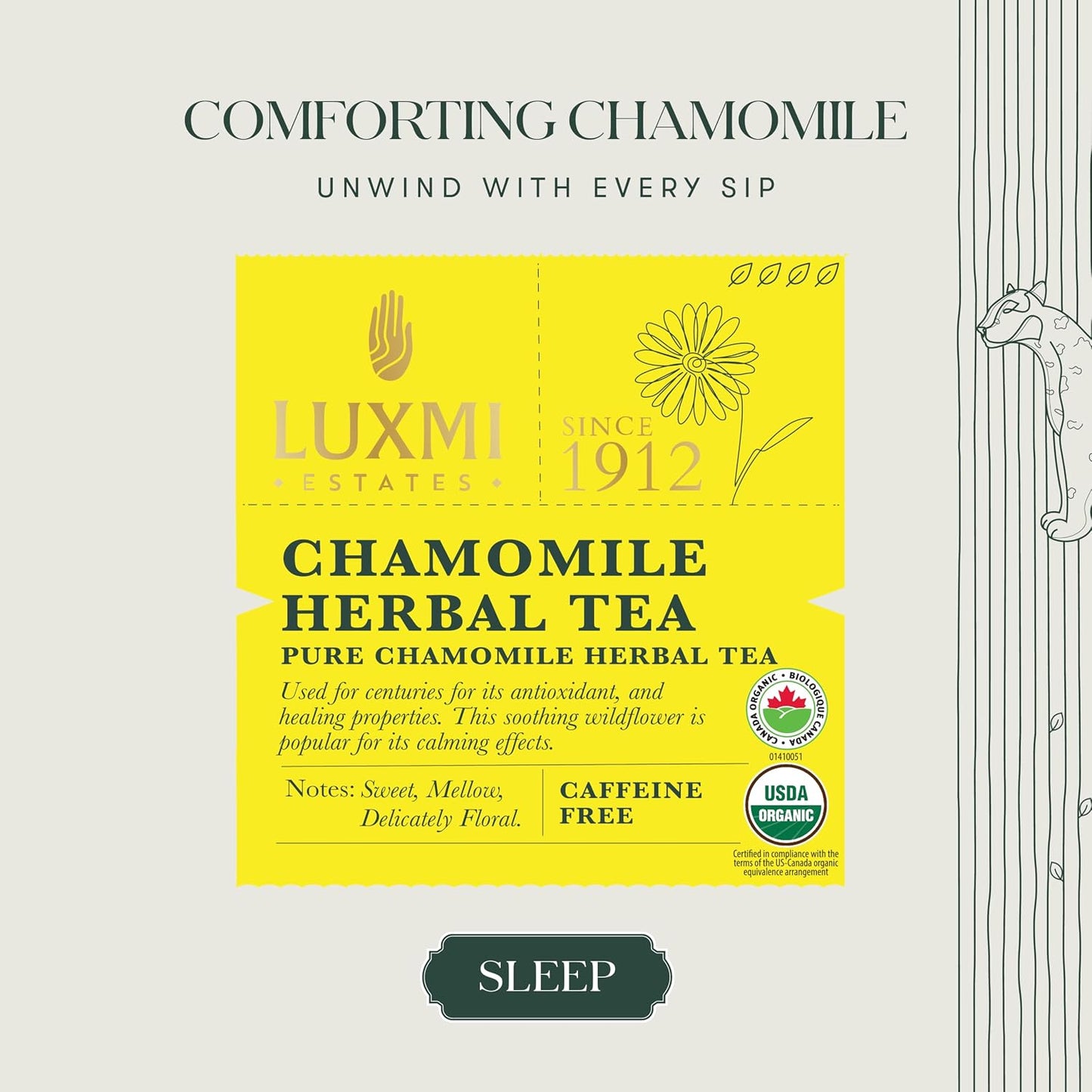 Luxmi Estates Pure Chamomile Tea, Loose Leaf, 100g (3.52oz, ~50 Cups) | USDA Organic Whole Chamomile Flowers | Single-Ingredient Caffeine-Free Herbal Infusion | Vegan, Non-GMO Bulk Pack