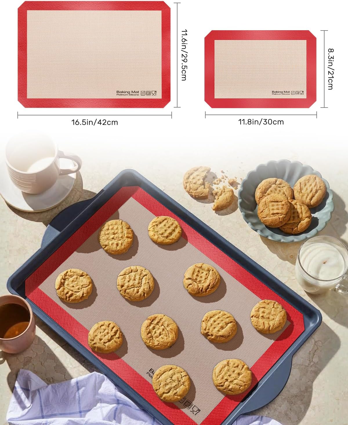 Silicone Baking Mat, Non-Stick Platinum Silicone Baking Sheet, 5 Pcs Red | Reusable, Food-Grade, Heat Resistant to 480℃, Dishwasher Safe, Half-sheets, quarter-sheets, and round mat Set, Versatility