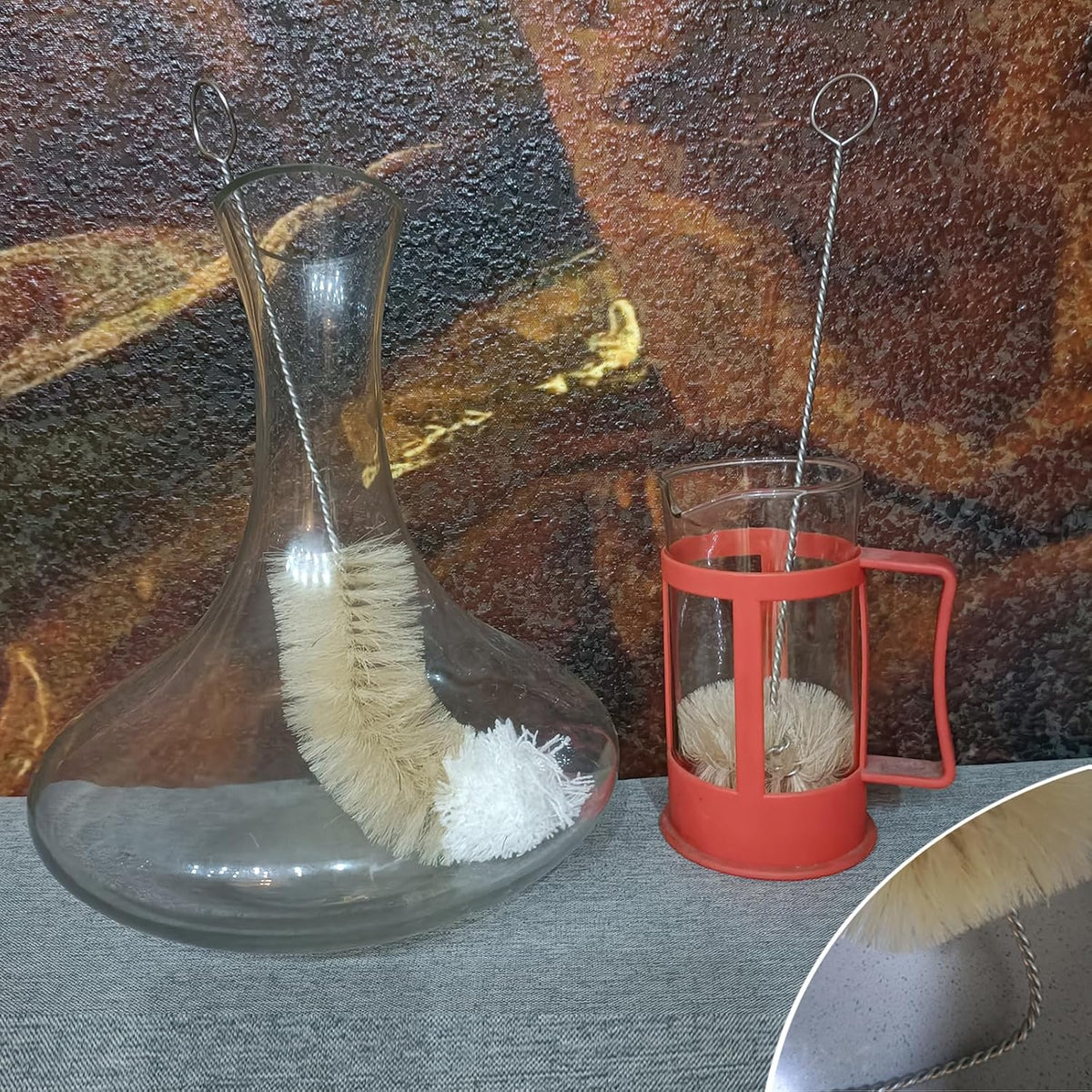 Bottle Brushes Thin Long Handle X 2, Natural Boar Bristle Set