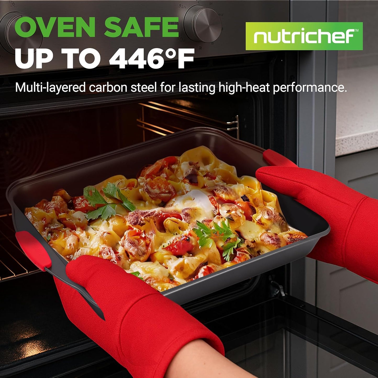 NutriChef Non-Stick Kitchen Oven Baking Pans-Deluxe &amp; Stylish Nonstick Gray Coating Inside Outside, Commercial Grade Restaurant Quality Metal Bakeware with Red Silicone Handles NCSBS8S, 8 Piece Set