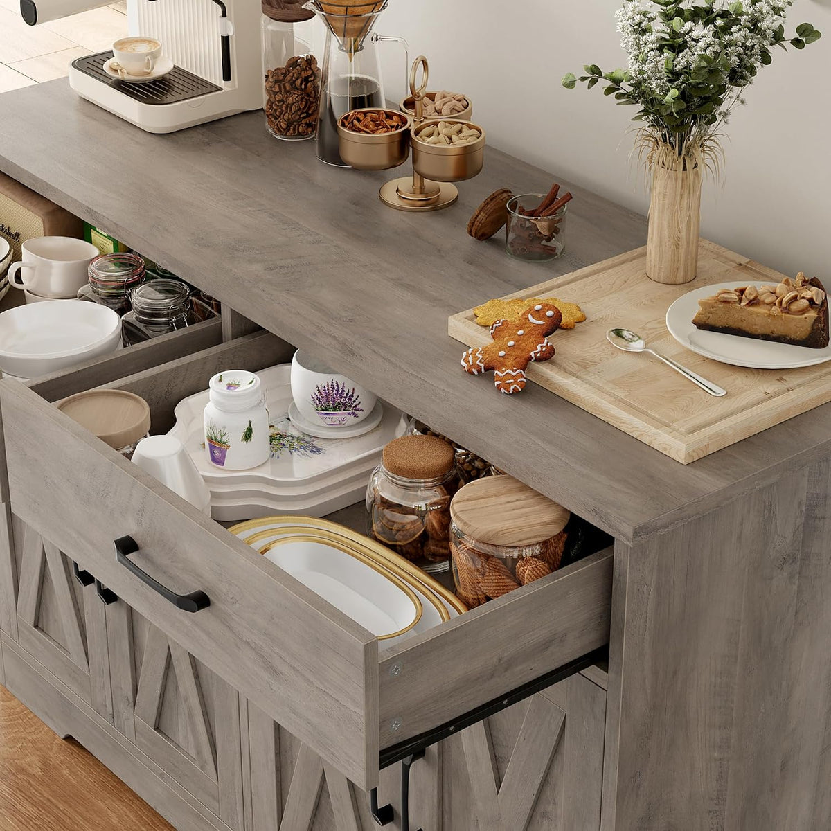 HOSTACK 47" W Kitchen Sideboard Buffet Cabinet with Storage Drawers, Grey