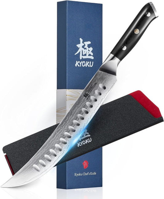 KYOKU 10" Scimitar Knife, Gin Series Cimitar Breaking Knife with Silver PVD Coating Damascus Blade, Japanese VG10 Stainless