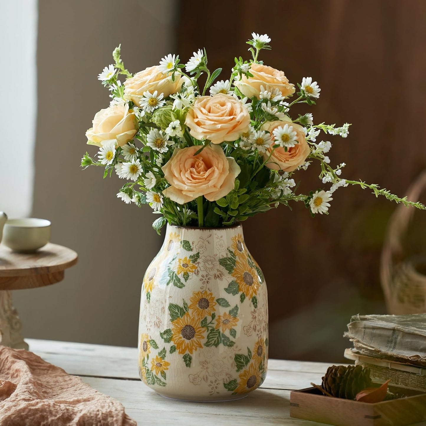 Vintage Ceramic Vase, 7.7 Inch Chinoiserie Sunflower Floral Vases, Rustic Farmhouse Antique Flower Vases for Home Decor Modern Aesthetic Tuscan Decorations (Conical)