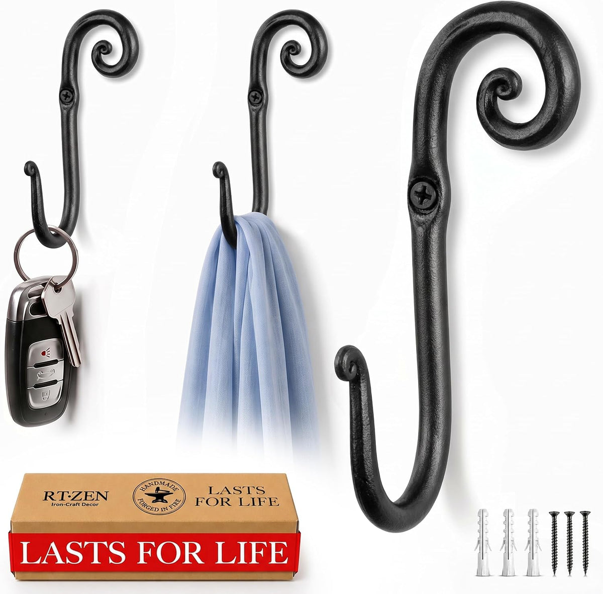 RTZEN Classic Farmhouse Wall Mount Multi-Use Wrought Iron Hook Set (3 Pack)