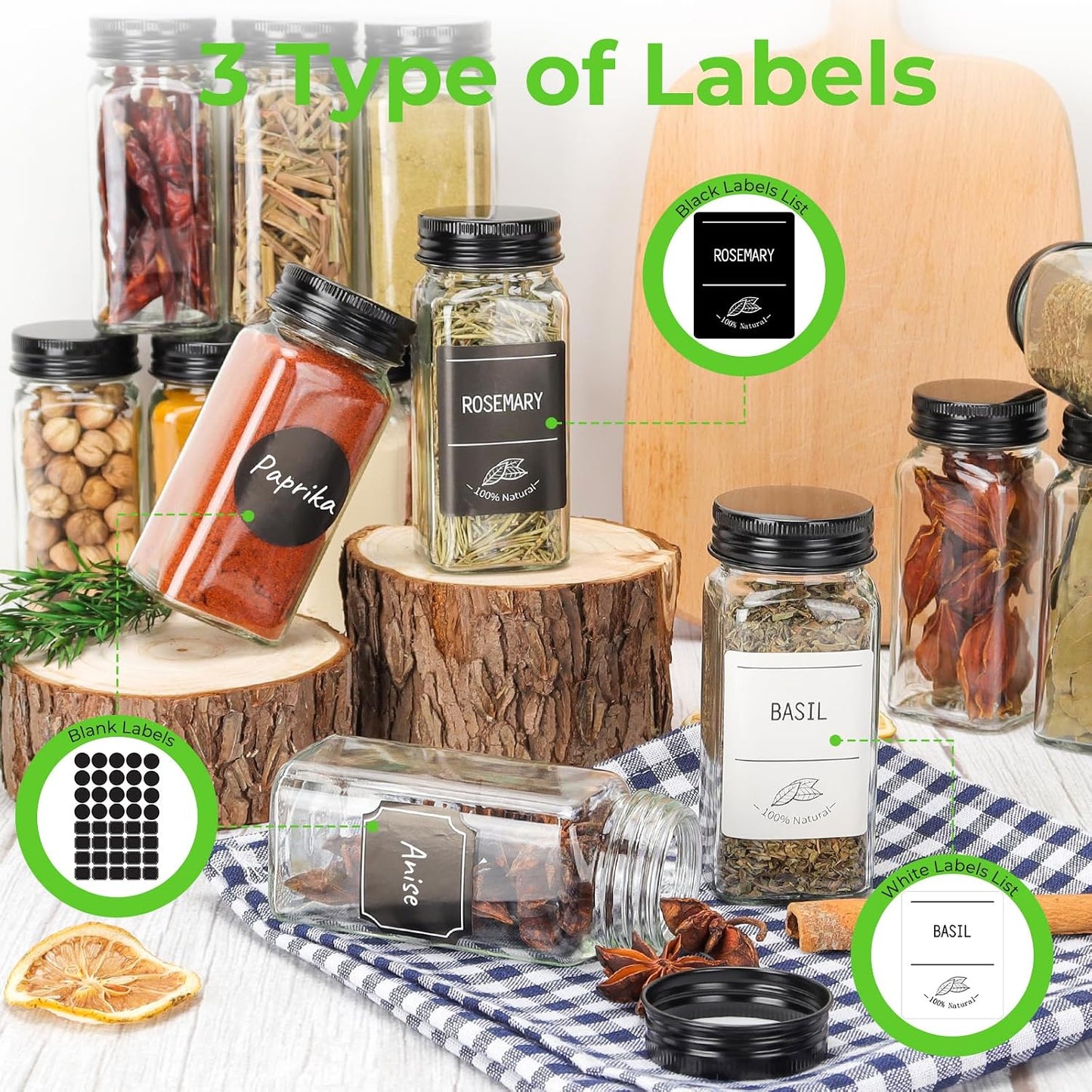 CycleMore 36 Pack 4oz Glass Spice Jars with Black Metal Caps &amp; Shaker Lid