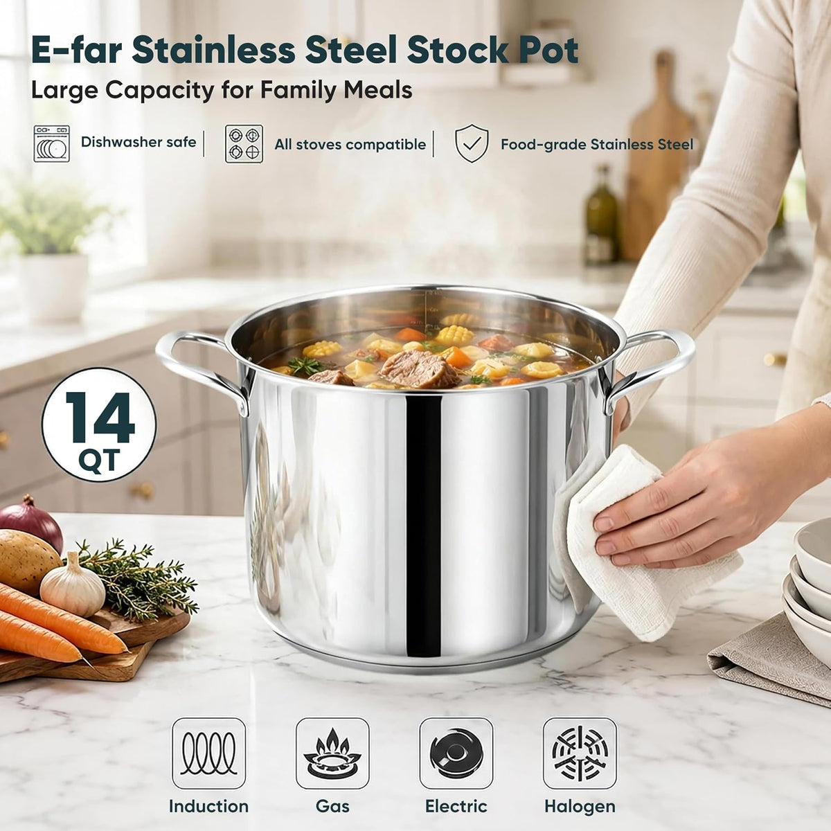 E-far 14 Quart Stainless Steel Stock Pot, Heavy Duty Induction Stockpot with Glass Lid for Cooking Soup Canning, Thick Tri-Ply Bottom & Riveted Handles, Compatible with All Stoves, Dishwasher Safe