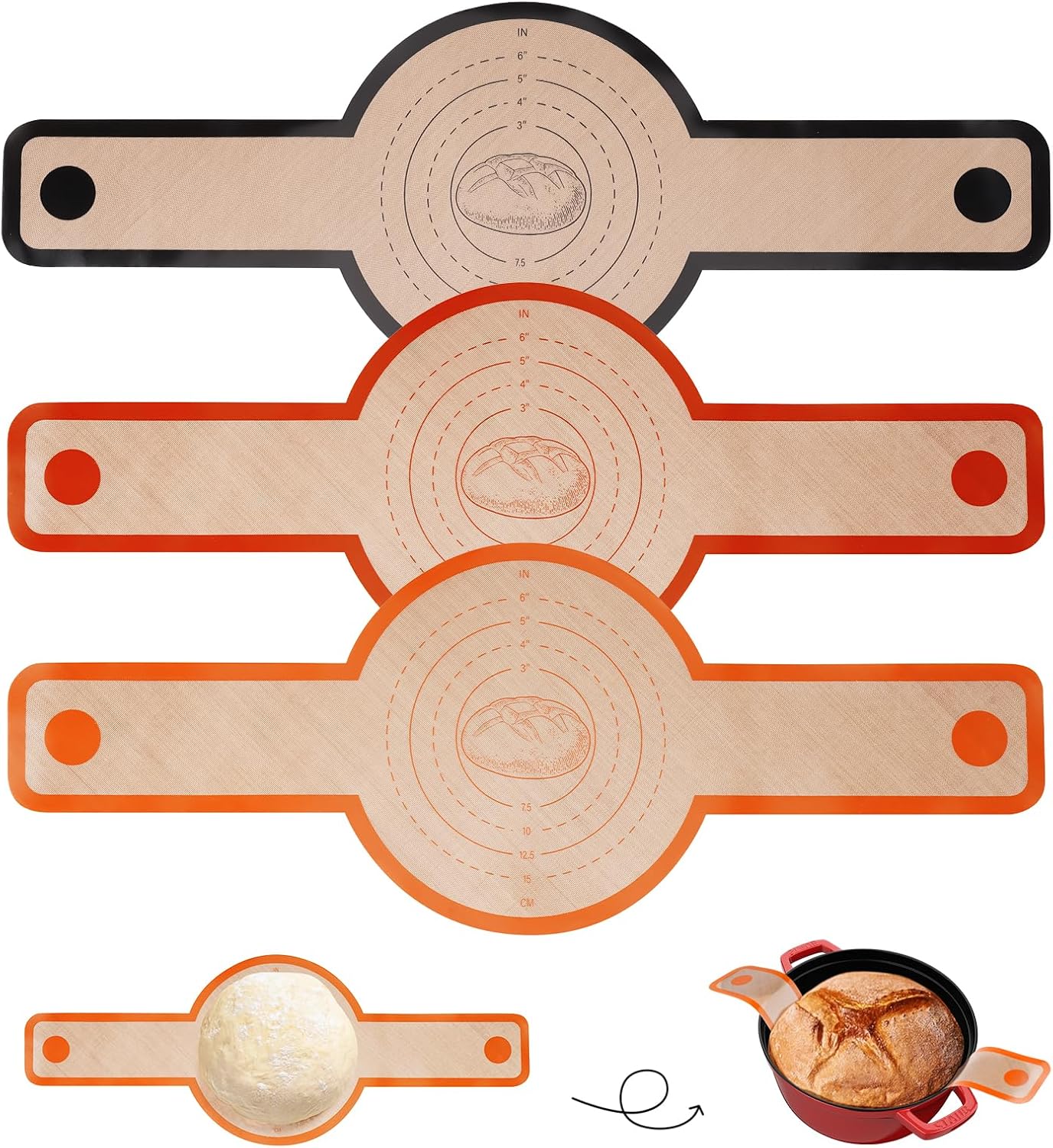 Dizywiee Silicone Bread Sling for Dutch Oven, 3-Pack Non-Stick &amp; Easy to Clean Bread Baking Mat Set, Reusable Bread Sling with Long Handle to Transfer Sourdough, 01.3Pack Black+Orange+Red