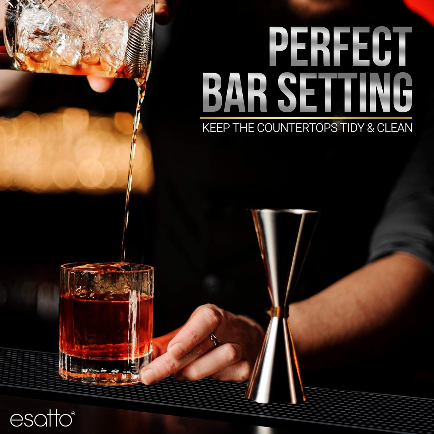 Esatto 27.5” x 3.87” XL Professional Service Spill Bar Supply Mat Anti-Skid Bartender Mat Non-Slip Black Bar Mat for Coffee Drinks Mixing Pad for Bars, Home, Kitchen, Pubs, Restaurants (2 Pack, Black)