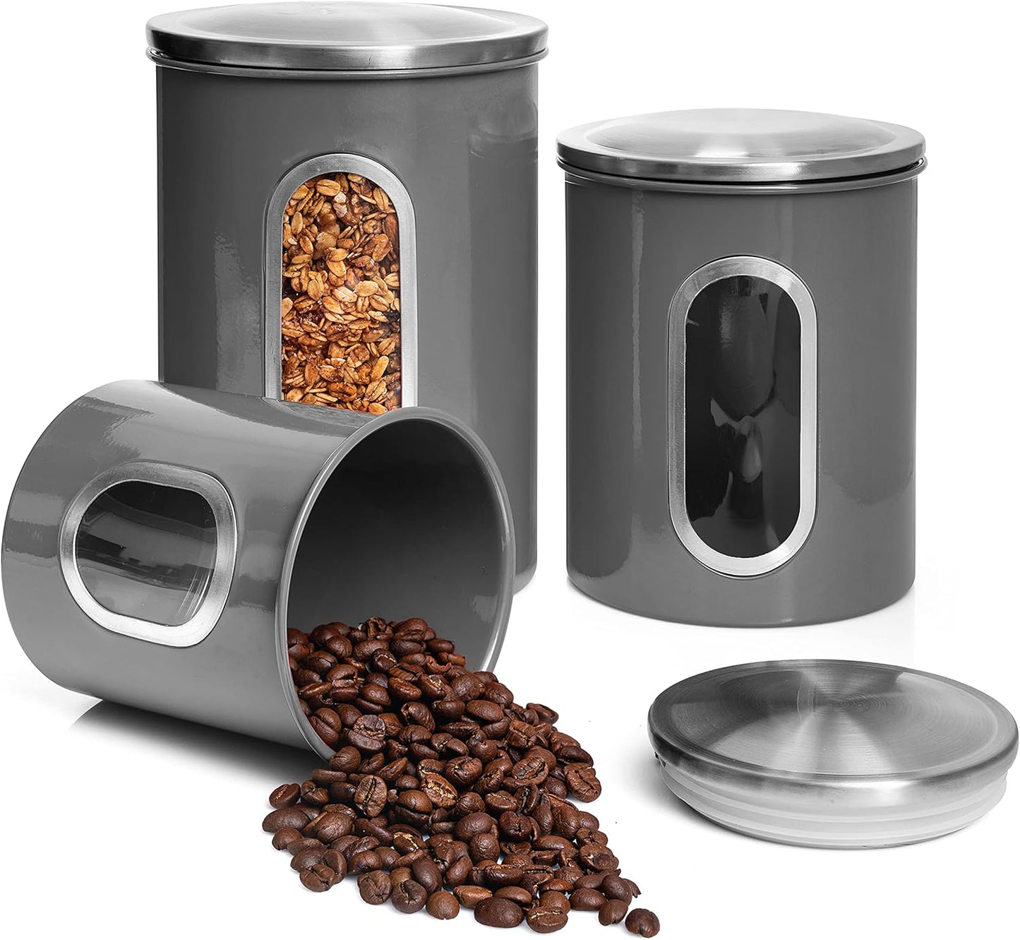 Moss & Stone 3-Piece Gray Canisters Sets For The Kitchen, Airtight Canister Set With See Through Win
