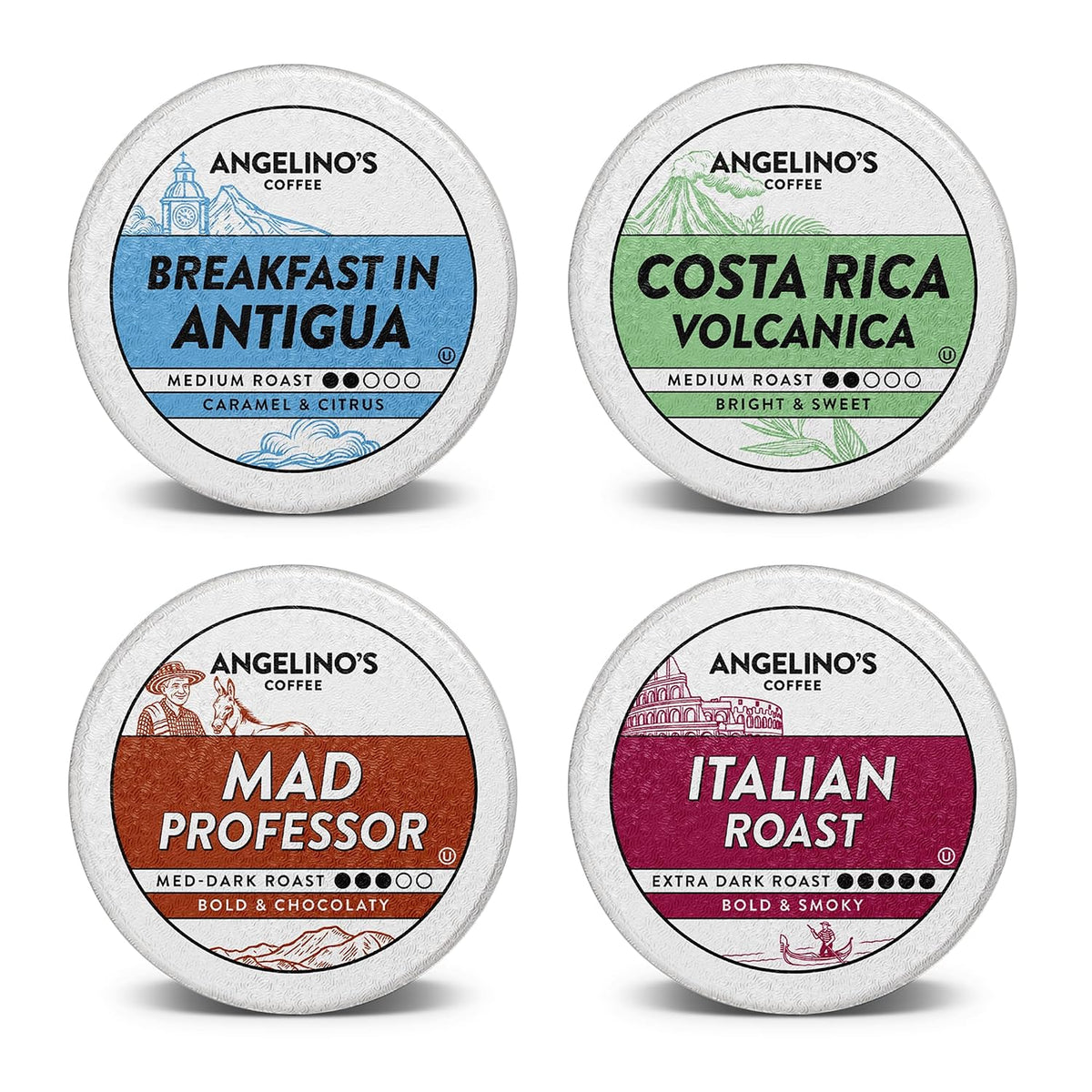 Angelino's Coffee Reserve Variety Pack, 96 Count – 4 Premium Single-Origin Blends, K Cup Compatible for Keurig – Italian Roast, Mad Professor, Breakfast in Antigua &amp; Costa Rica Volcanica