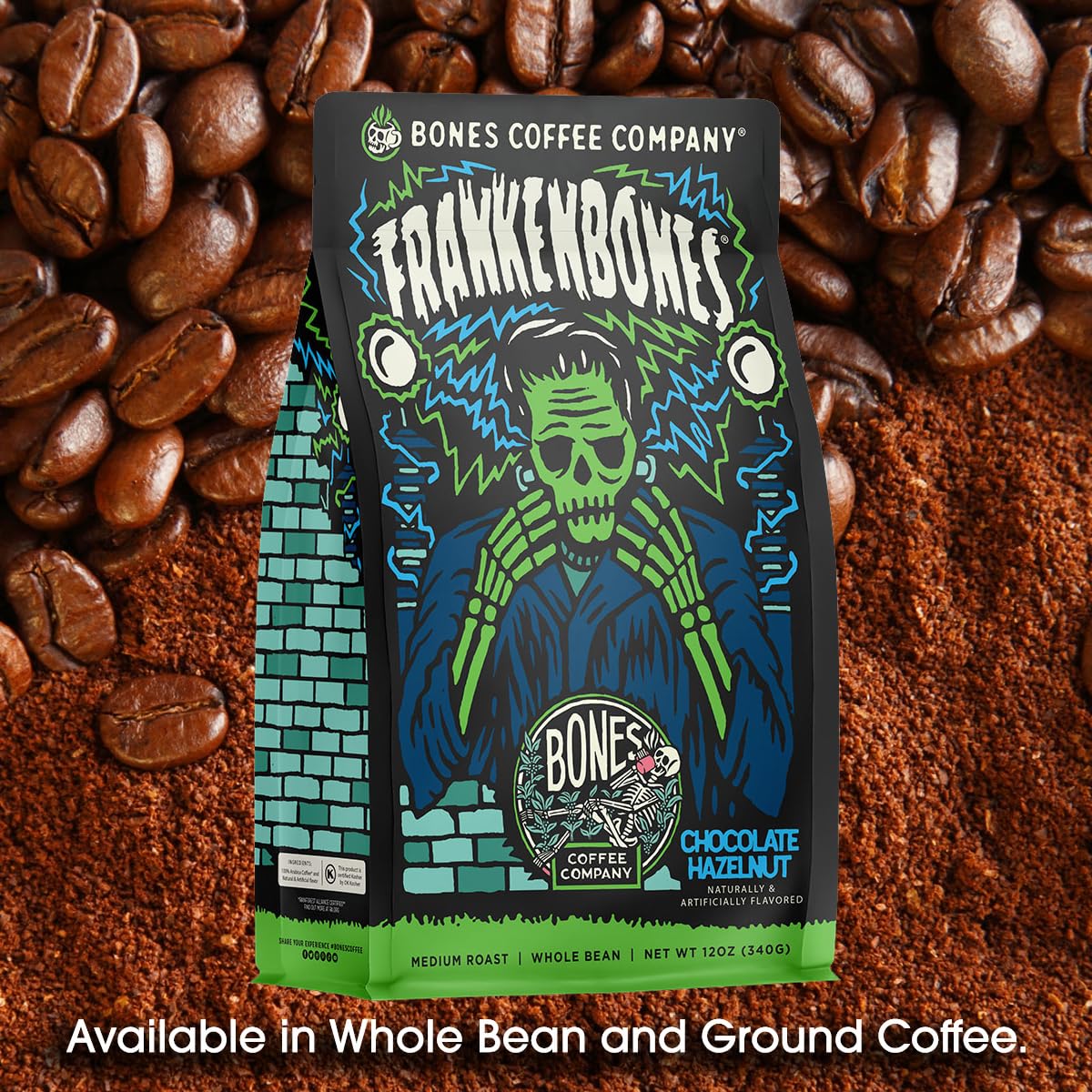 Bones Coffee Company Frankenbones Chocolate and Hazelnut Flavored Coffee, Medium Roast Low Acid Arabica Beans Compatible with Auto drip and French Press Coffee Maker, 12 Oz Ground