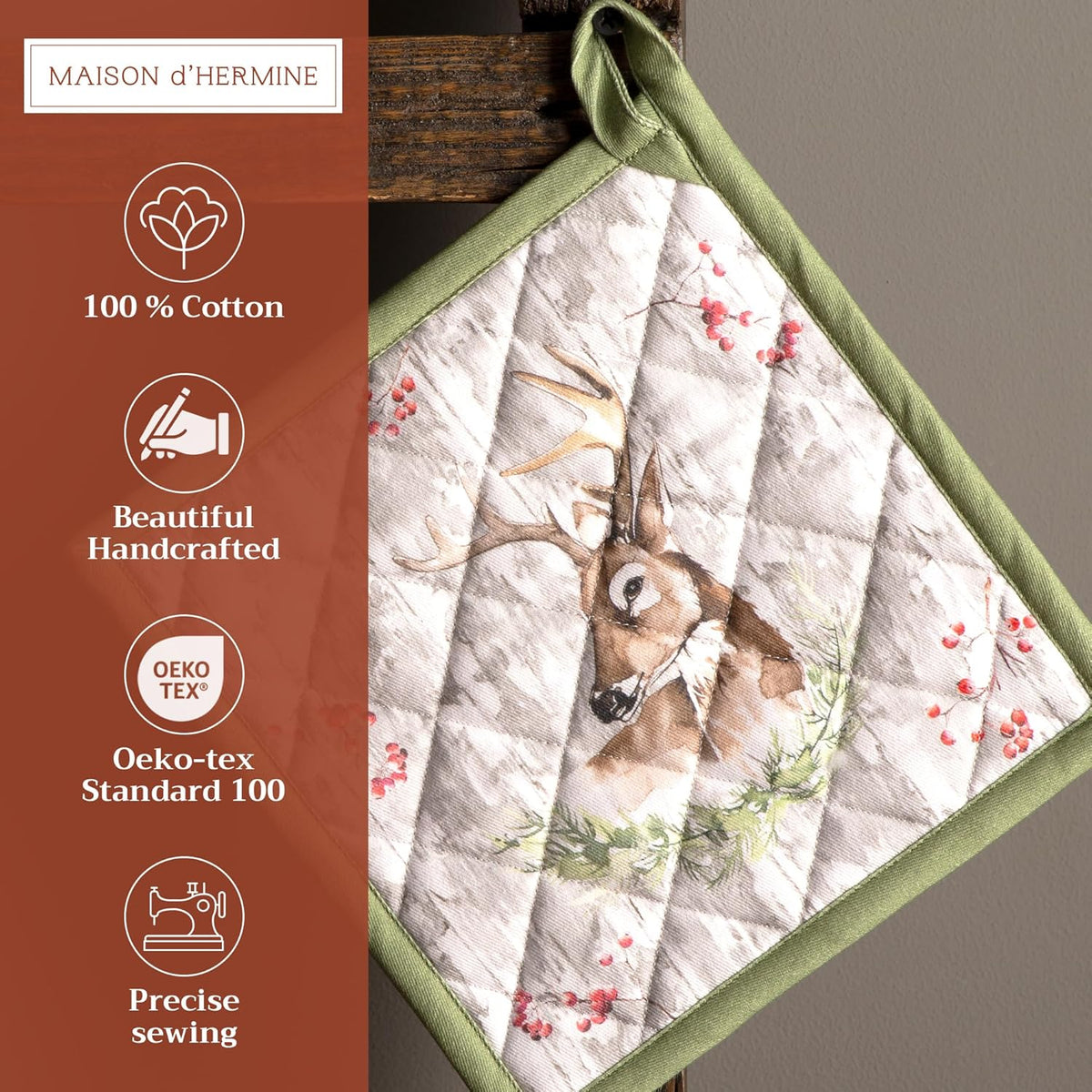 Maison d' Hermine Pot Holders 100% Cotton Heat Resistant Potholders 8" x 8" Hot Pads with Loop BBQ, Cooking, Baking, Grilling, Kitchen, Handling Hot Pans (Pack of 1, Mountain Life)