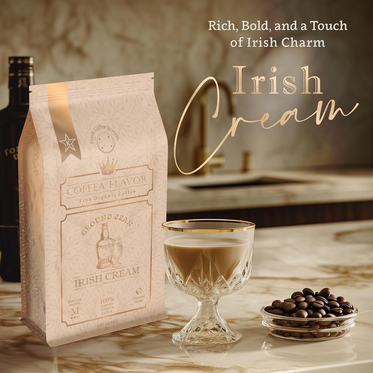 Organic Ground Coffee Medium Roast (16oz) - Irish Cream Flavored | 100% Arabica, Single Origin and Low Acid - USDA Organic and Fair Trade Certified - Naturally Flavored Without Additives