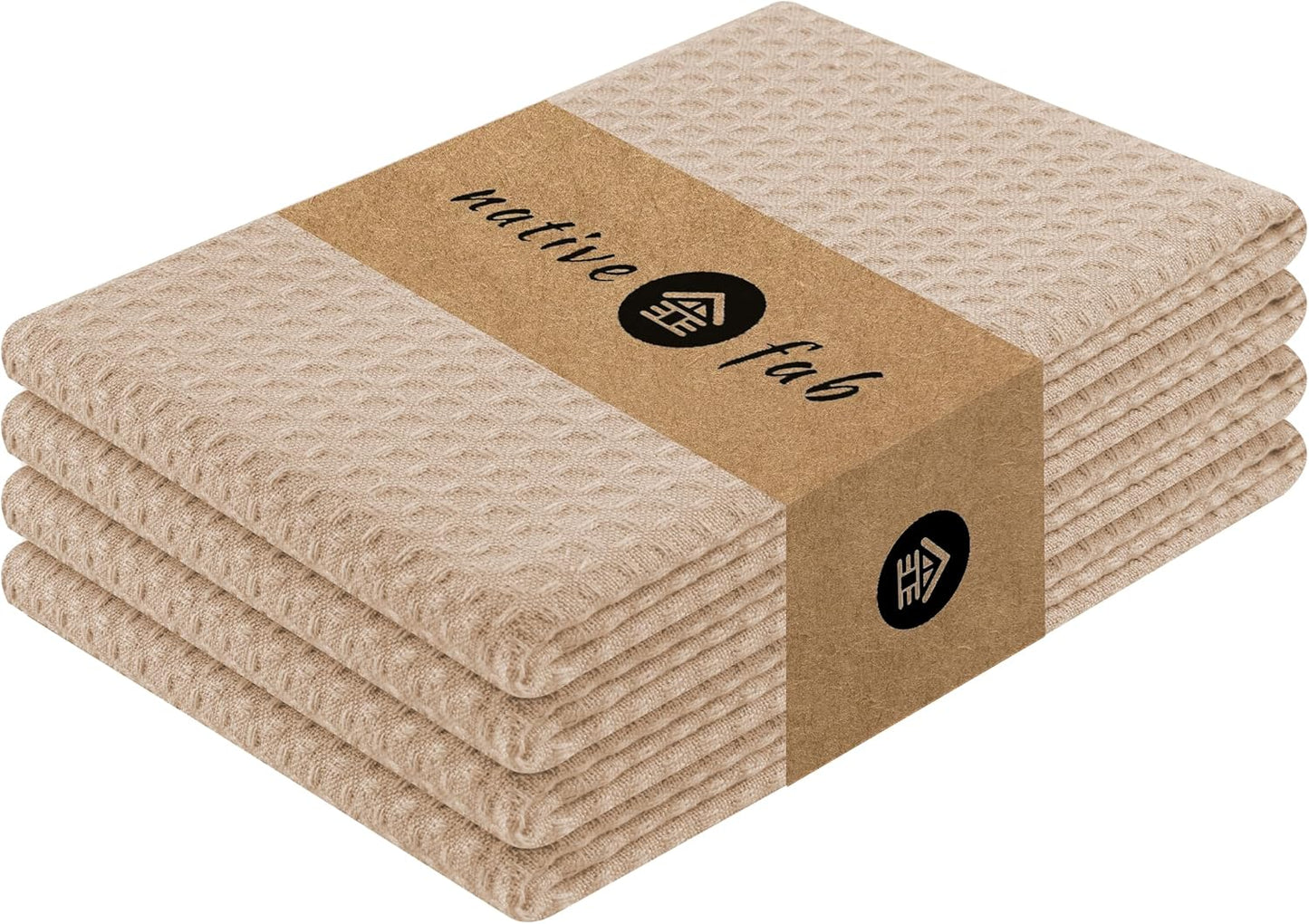 Native Fab Cotton Kitchen Towel with Hanging Loop 16x26 inches, 4-Pack, Waffle Weave Kitchen Towels for Cleaning Drying, Washcloths Soft &amp; Absorbent Cloth Rags, Bar Towel, Dish Cloth, Beige