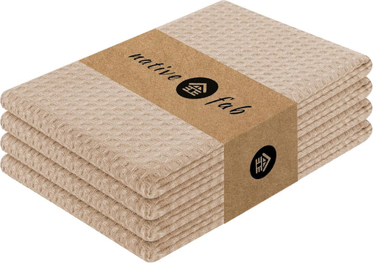 Native Fab Cotton Kitchen Towel with Hanging Loop 16x26 inches, 4-Pack, Waffle Weave Kitchen Towels for Cleaning Drying, Washcloths Soft &amp; Absorbent Cloth Rags, Bar Towel, Dish Cloth, Beige