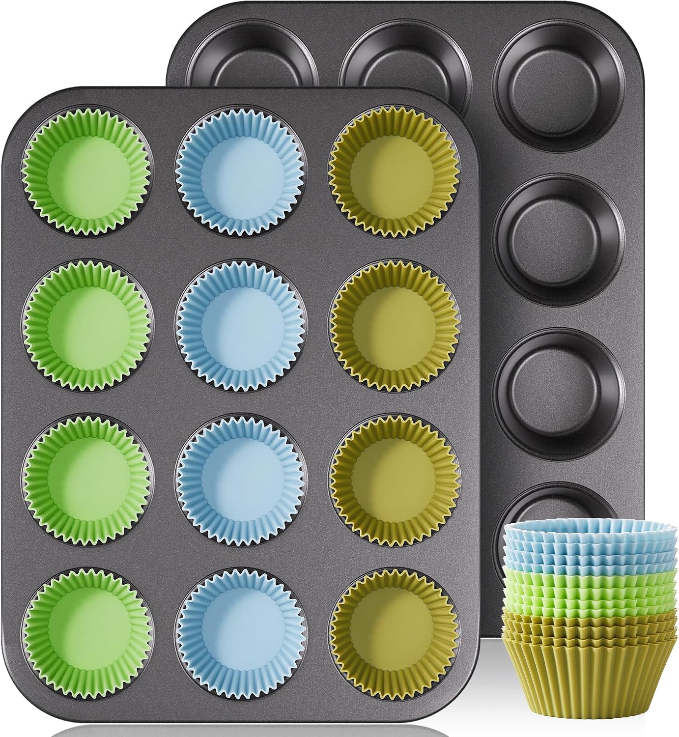 Non-Stick Muffin Pans, Cupcake Pan with Silicone Baking Cups, 2 Pack Non toxic Healthy Muffin tin, Heavy duty-Dark Grey