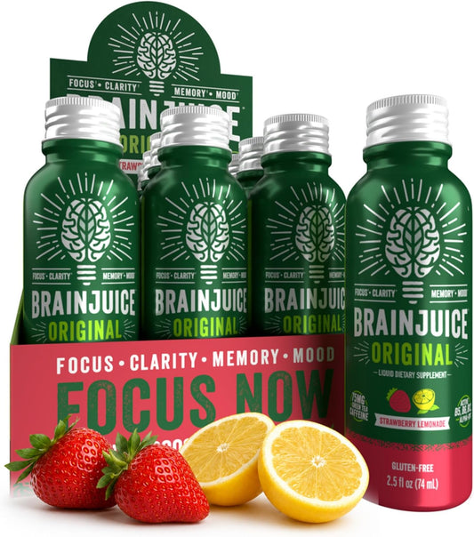 BrainJuice Strawberry Lemonade Nootropic Supplement Shot, 2.5 fl oz, 12 Pack