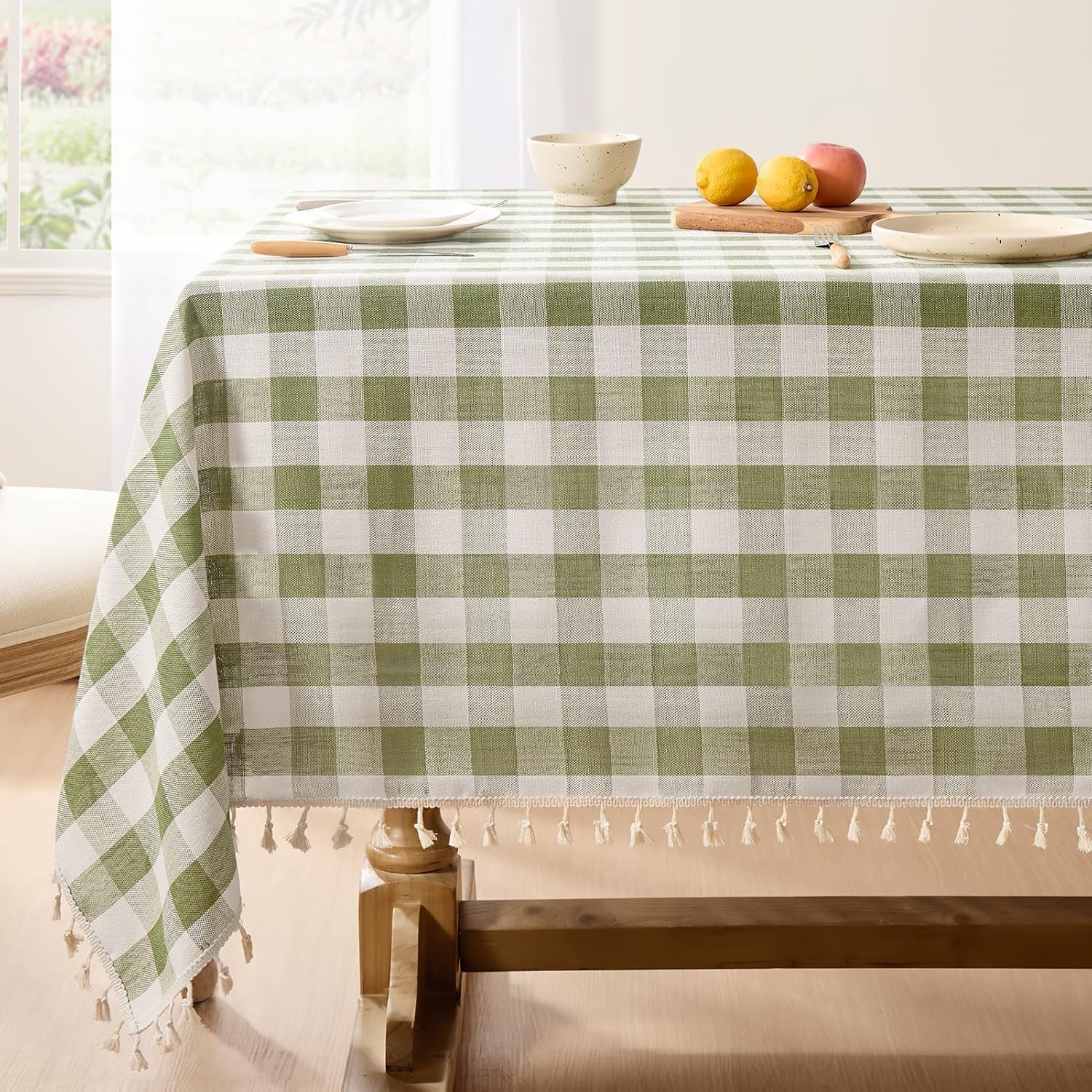 Softalker Outdoor Checkered Tablecloth, Linen Cotton Gingham Table Cloths for 6 Foot Rectangle Tables with Tassel, Heavy