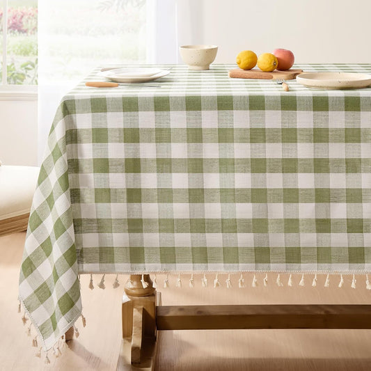 Softalker Outdoor Checkered Tablecloth, Linen Cotton Gingham Table Cloths for 6 Foot Rectangle Tables with Tassel, Heavy