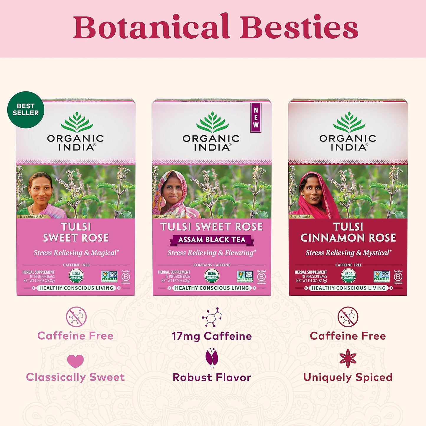 Organic India Tulsi Cinnamon Rose Herbal Tea - Holy Basil, Stress Relieving &amp; Mystical, Immune Support, USDA Certified Organic, Supports Sugar Metabolism, Caffeine-Free - 18 Infusion Bags, 6 Pack