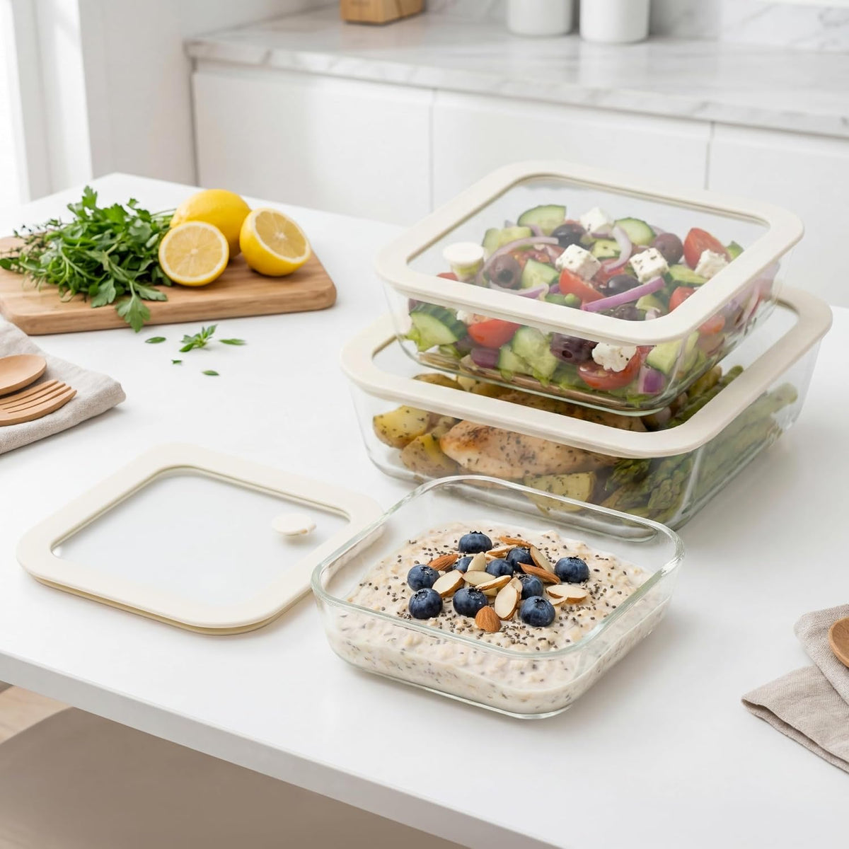 Urban Green Glass Food Container Set with Silicone Glass Lid, Large Size 3 Pack, Meal Prep Food Storage Containers with Airtight Lids, Leakproof, 100% Plastic Free, White color