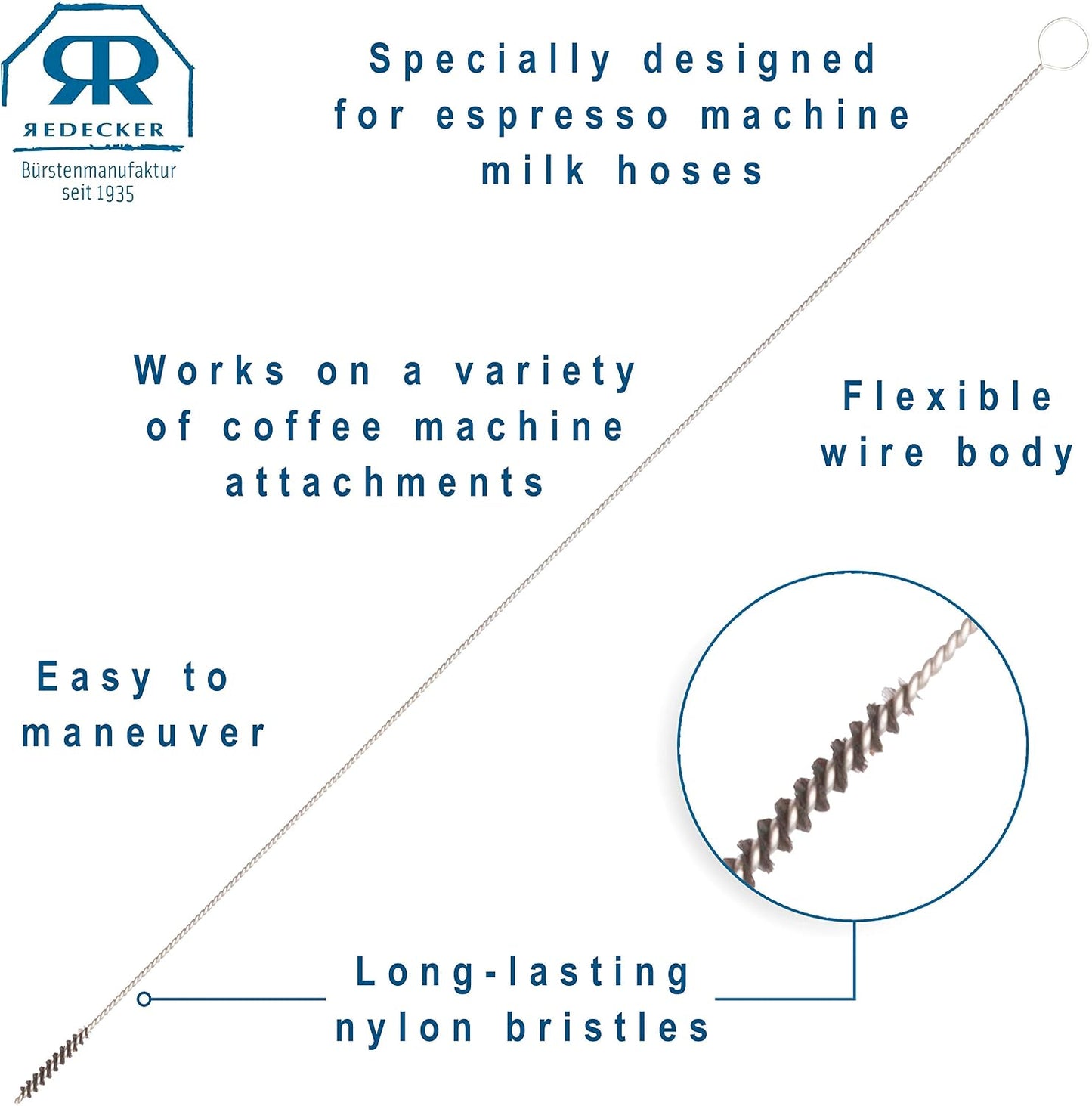 REDECKER Milk Foamer Hose Brush - Ideal for Espresso &amp; Coffee Machine Attachments, Baby Bottle Cleaning, Detailing &amp; More - Durable Nylon Bristles, Flexible Wire Handle, 12-1/2 Inches