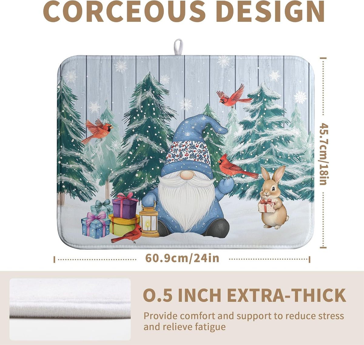 Winter Gnome Dish Drying Mat Christmas Tree Snowman Large Kitchen Mats Dish Drying Pad Bird Absorbent Dish Dryer Mat for Kitchen Countertops Microfiber Drainer Pad Dish Drying Mats (18x24 in)
