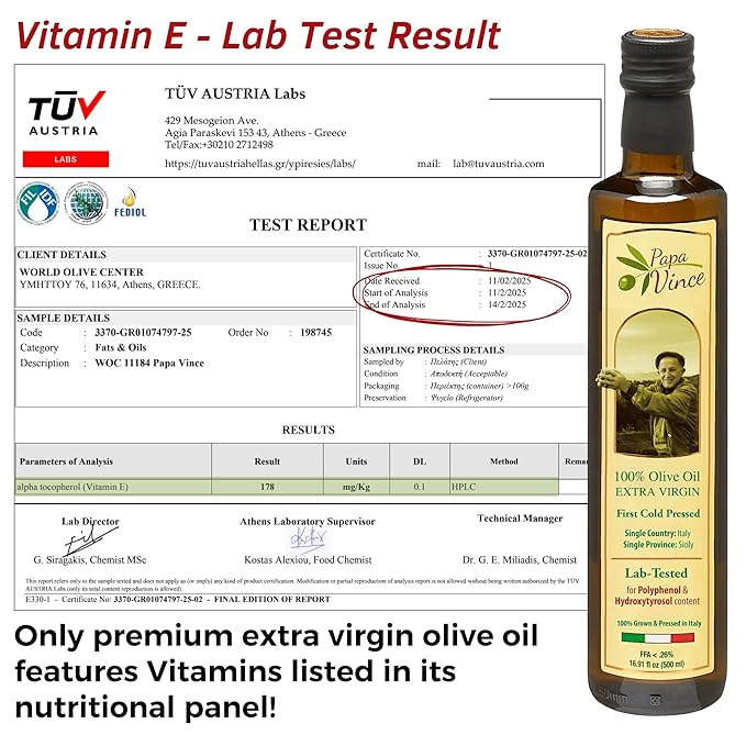 Papa Vince Olive Oil Extra Virgin - First Cold Press Family Harvest 2024/25, Polyphenol Rich, Subtle Peppery Finish, Unrefined, High in Monounsaturated Fat, No Pesticides, No GMO, Sicily, Italy