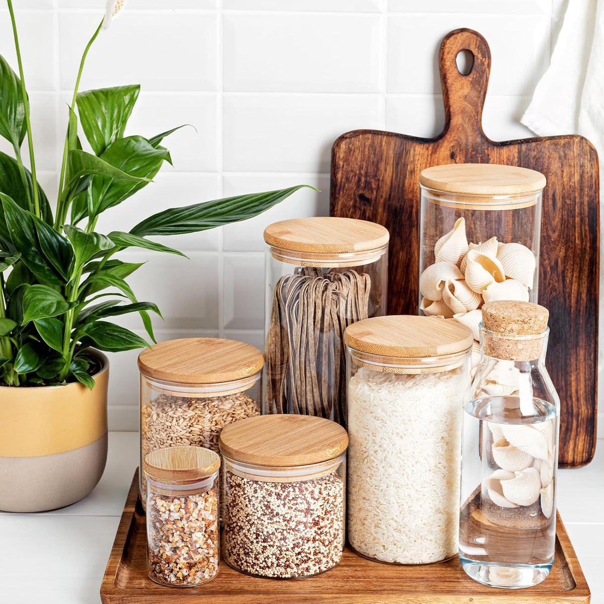 15oz Glass Food Storage Jars, Glass Jars with Bamboo Lids, Kitchen Storage Jars, Set of 6, Canisters with Airtight Lids for Spice, Coffee, Cookie, Pantry Organizers