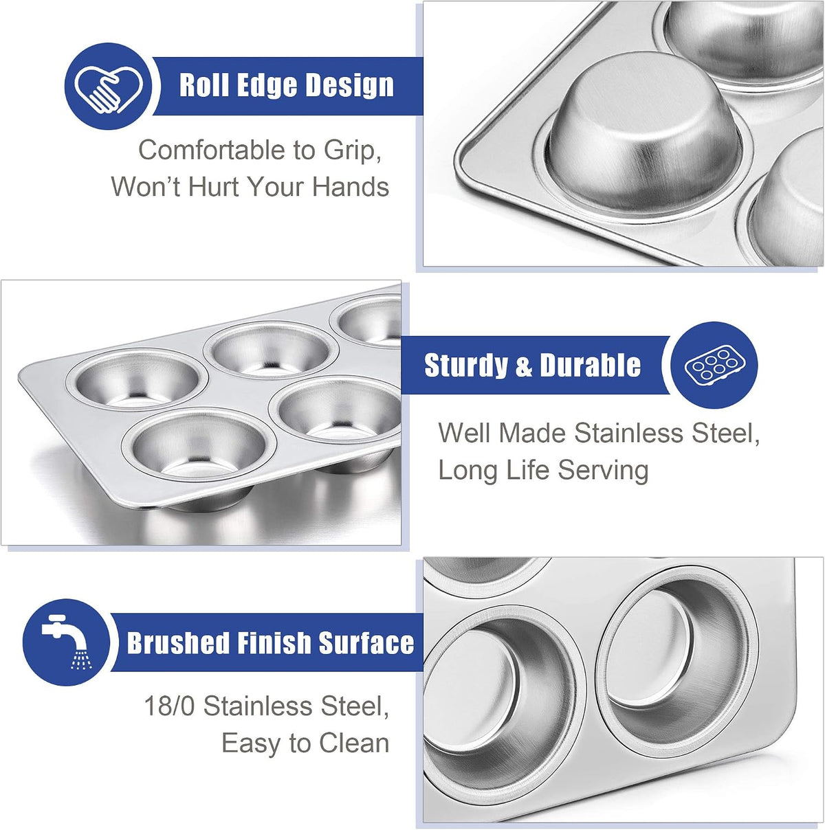 TeamFar Muffin Pan, 6 Cup Muffin Pan for Baking, Cupcake Pan Muffin Tin | Stainless Steel Muffin Tray Set for Making Cakes Cornbread Quiche and More, Healthy &amp; Sturdy, Oven &amp; Dishwasher Safe