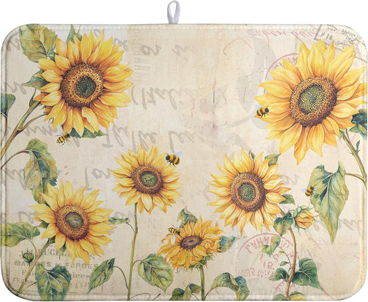 Spring Summer Dish Drying Mat Sunflower Kitchen Dish Drying Pad Absorbent Vintage Drying Mat for Countertops Dish Dryer Mat