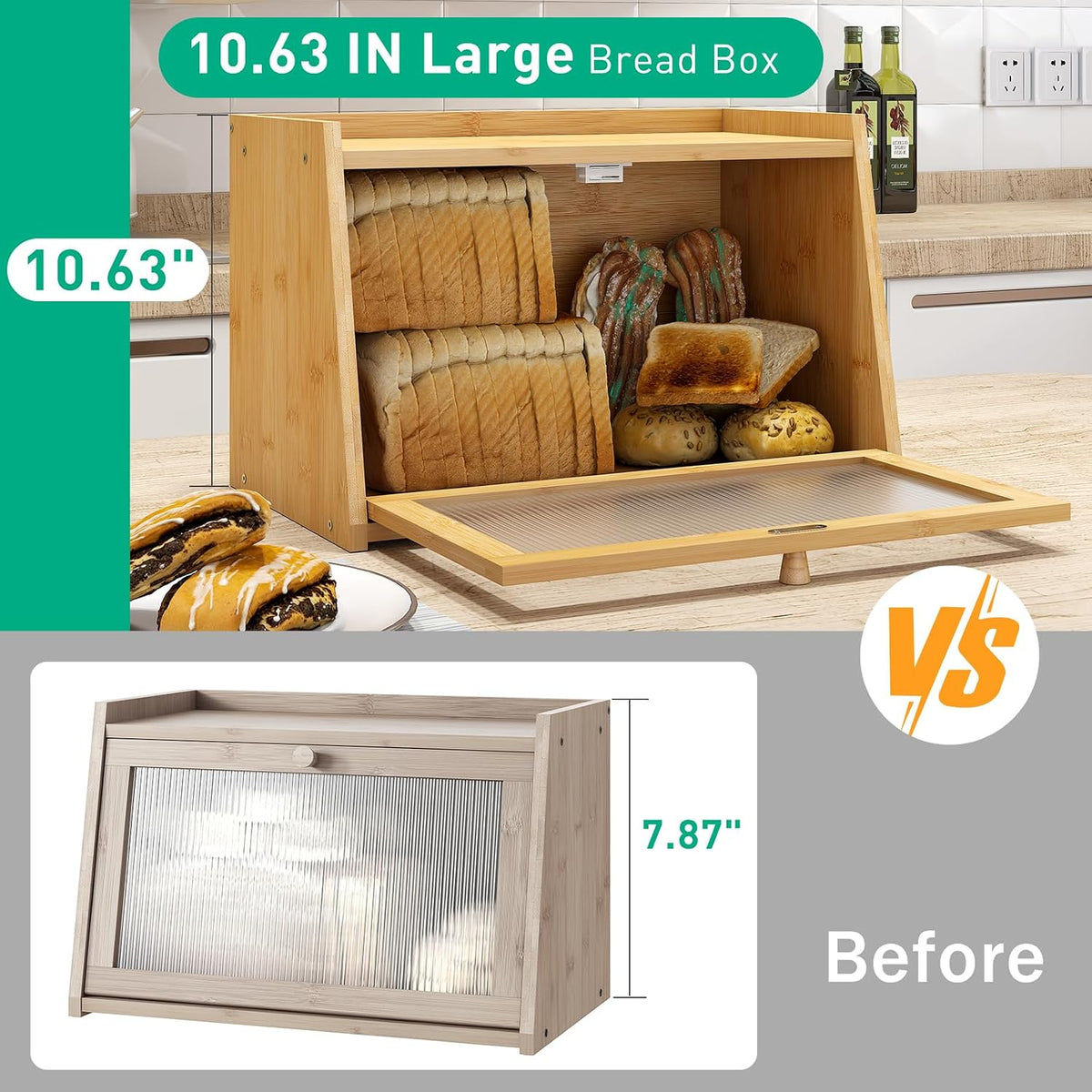Bread Box for Kitchen Counter, Large Bamboo Bread Storage Container with Wavy Arcylic Door, Bamboo Wooden Farmhouse Bread Box for Your House (Natural, Medium)