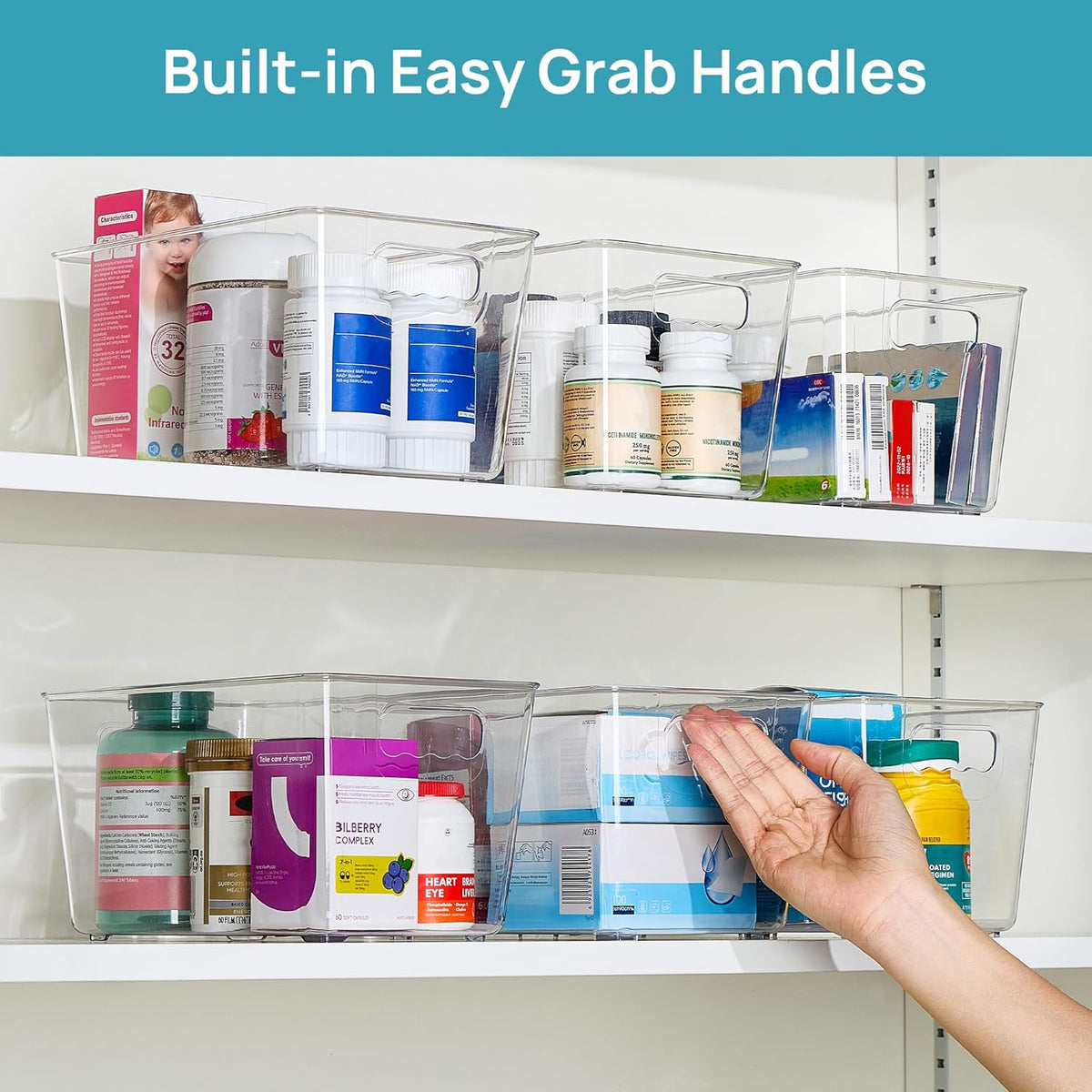 Vtopmart Clear Plastic Storage Bins, 6 PCS Pantry Organizer Bins with Handle for Refrigerator, Fridge, Cabinet, Kitchen, Countertops, Cupboard, Freezer Organization,Medium