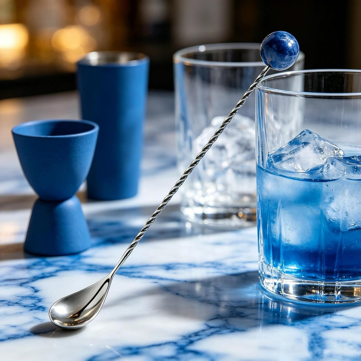 Homestia 12 Inch Bar Spoon, Cocktail Mixing Spoon, Blue Gemstone Decor | Stainless Steel Long Handle Spiral Design, Drink Stirrers Spoons Dirty Soda Coffee Bar Supplies Gifts for Bartender Home Use